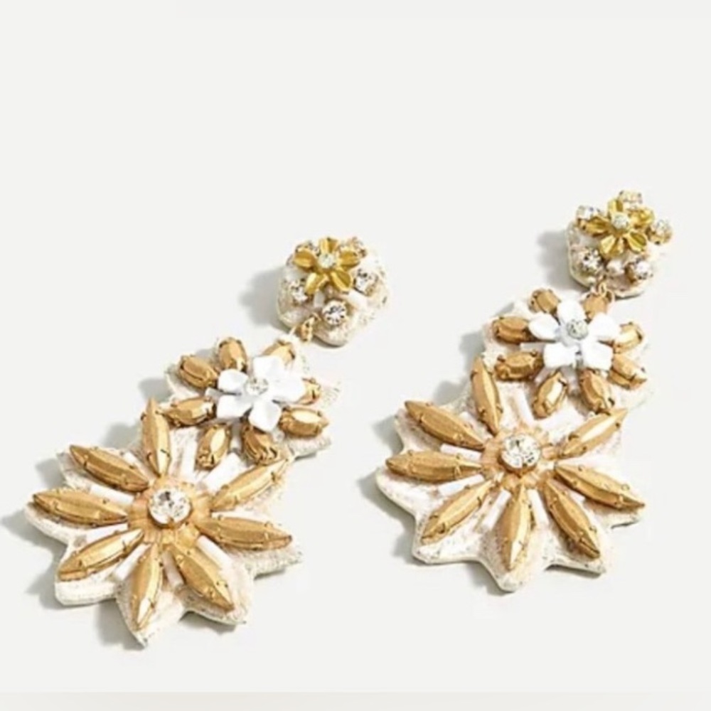 J Crew Golden Blossom Statement Earrings White gold flower dangle earrings NEW